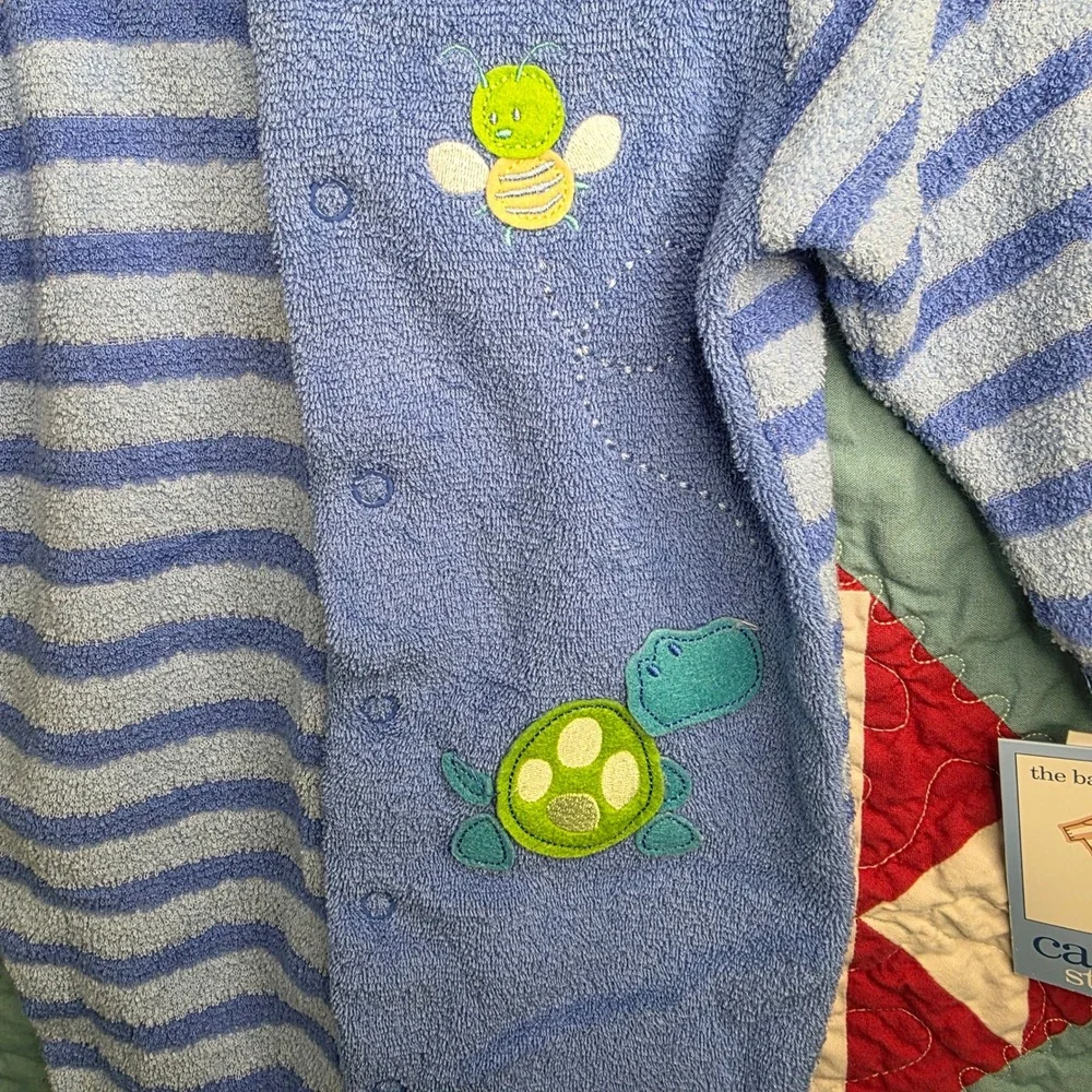 Vintage Carters Starters Blue Striped Turtle Bee Fleece Sleeper 3-6M Terrycloth